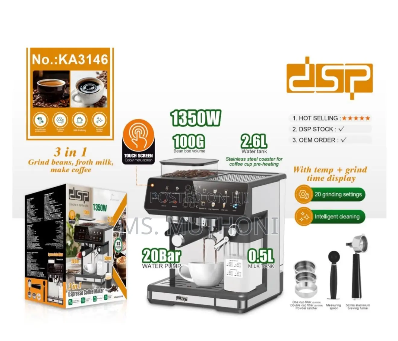 DSP 3 in 1 Espresso Coffee Machine, 1350w, 20 Bar Pressure