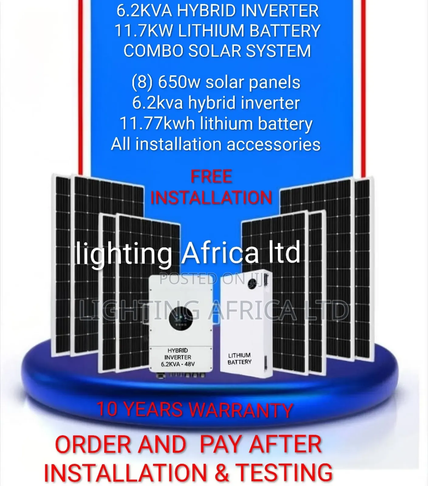 6.2kva - 11.77kwh Lithium Battery -(8)650w Solar - Free Installation