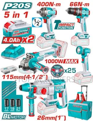 Total 5in1 Cordless Kit(Impact Wrench+Grinder+Drill+Work Lamp+Rotary)