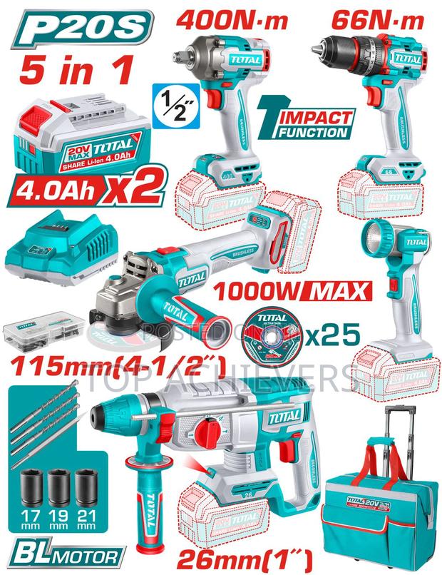 Total 5in1 Cordless Kit(Impact Wrench+Grinder+Drill+Work Lamp+Rotary)