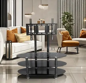 Home Tv Stand; Metal Frame Cabinet With Glass Countertop and Tv Mount