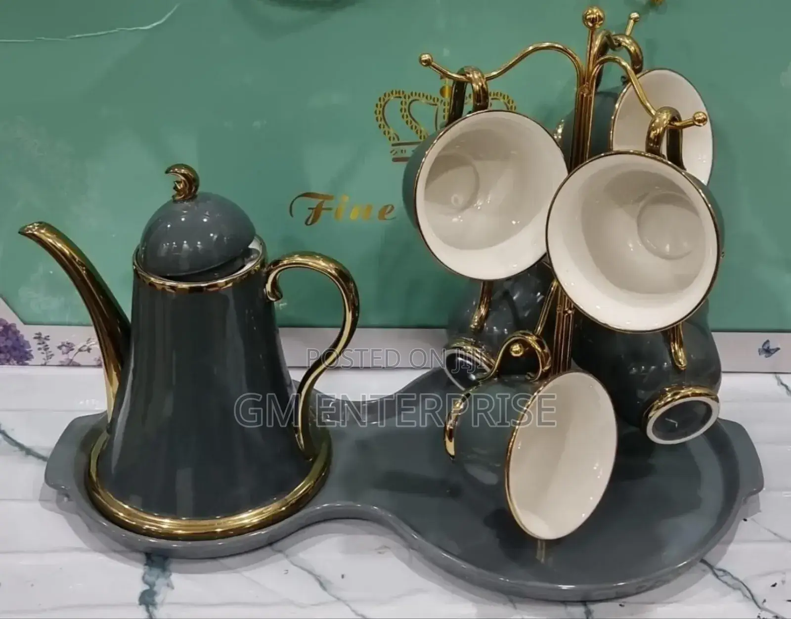 Fine Ceramic 9pc Tea Set With Cup Stand , Kettle and Tray