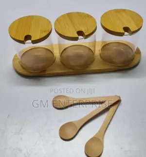 High Quality 3in1 Glass Sugar Set With Bamboo Stand, Lids and Spoons