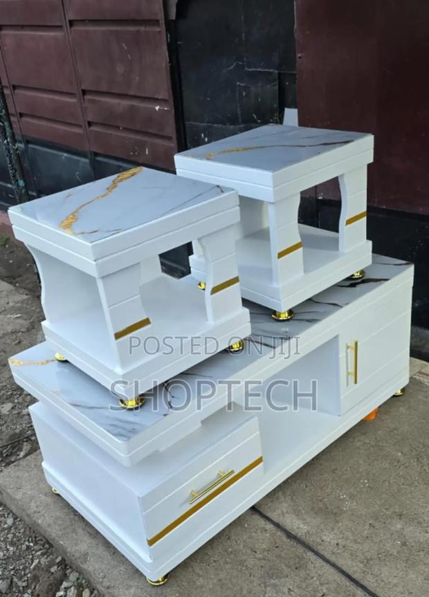 Coffee Table With Glass /Marble Topping With Two Stools - main view