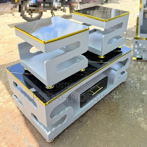 Modern Coffee Table With Glass/Marble Topping With 2 Stools - main view