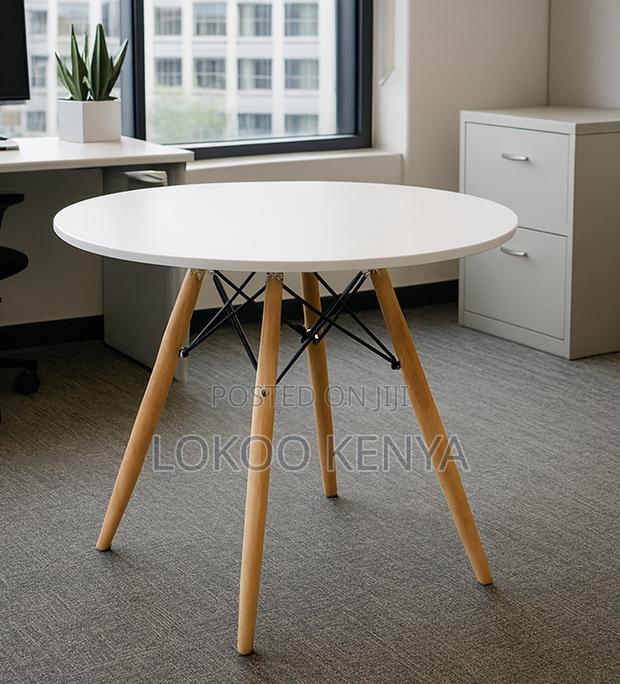 Dining Table; White Round Top-Wooden Base Home Dining Table