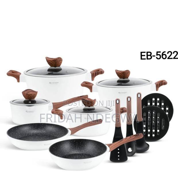 15 Pieces White With Wooden Handle Edenburg Cookware Pots Set
