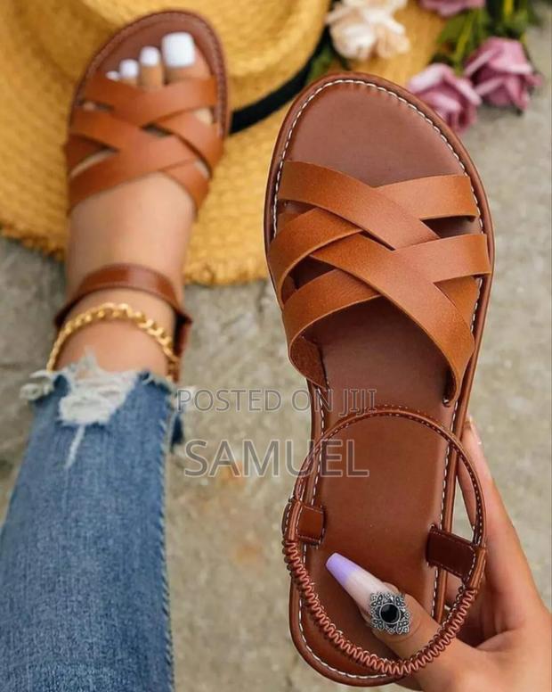 Flat Leather Criss Crossed Sandals - thumbnail 2