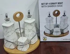 4 Ceramic Gravy Boat Season Oil Dispenser and Shakers on Bamboo Base