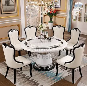 Home Dining Set; White Marble Lazy-Susan Dining With 6 Leather Seats