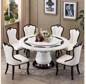 Home Dining Set; Space-Saving Round Dining Table With 6 Leather Chairs