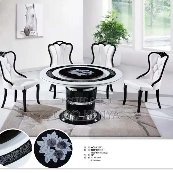 Home Dining Set; Space-Saving Round Dining Table With 6 Leather Chairs