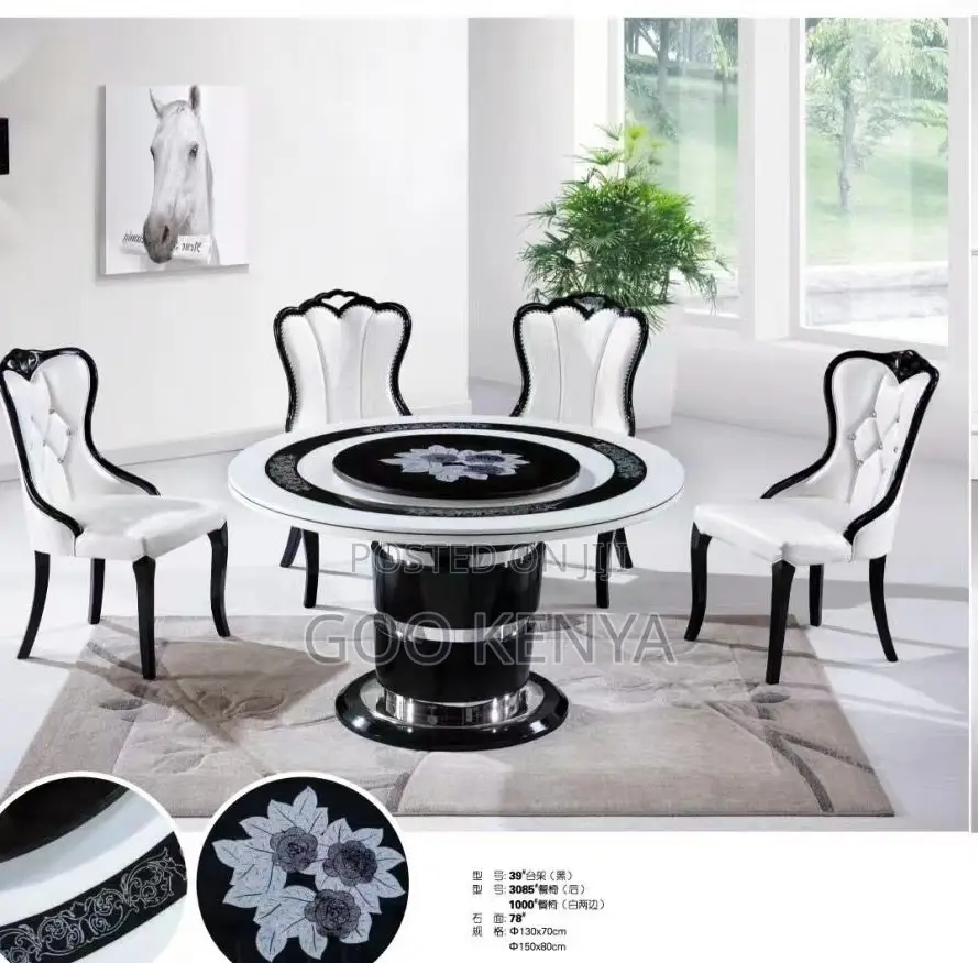 Home Dining Set; Space-Saving Round Dining Table With 6 Leather Chairs