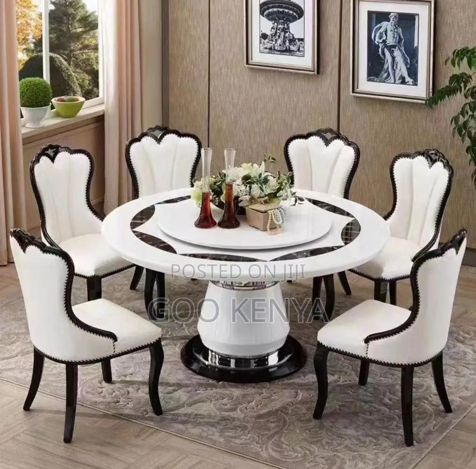 Home Dining Set; Space-Saving Round Dining Table With 6 Leather Chairs