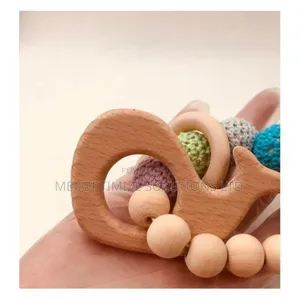 Safe Organic Wooden Baby Teether Natural Rattle Sensory Toy