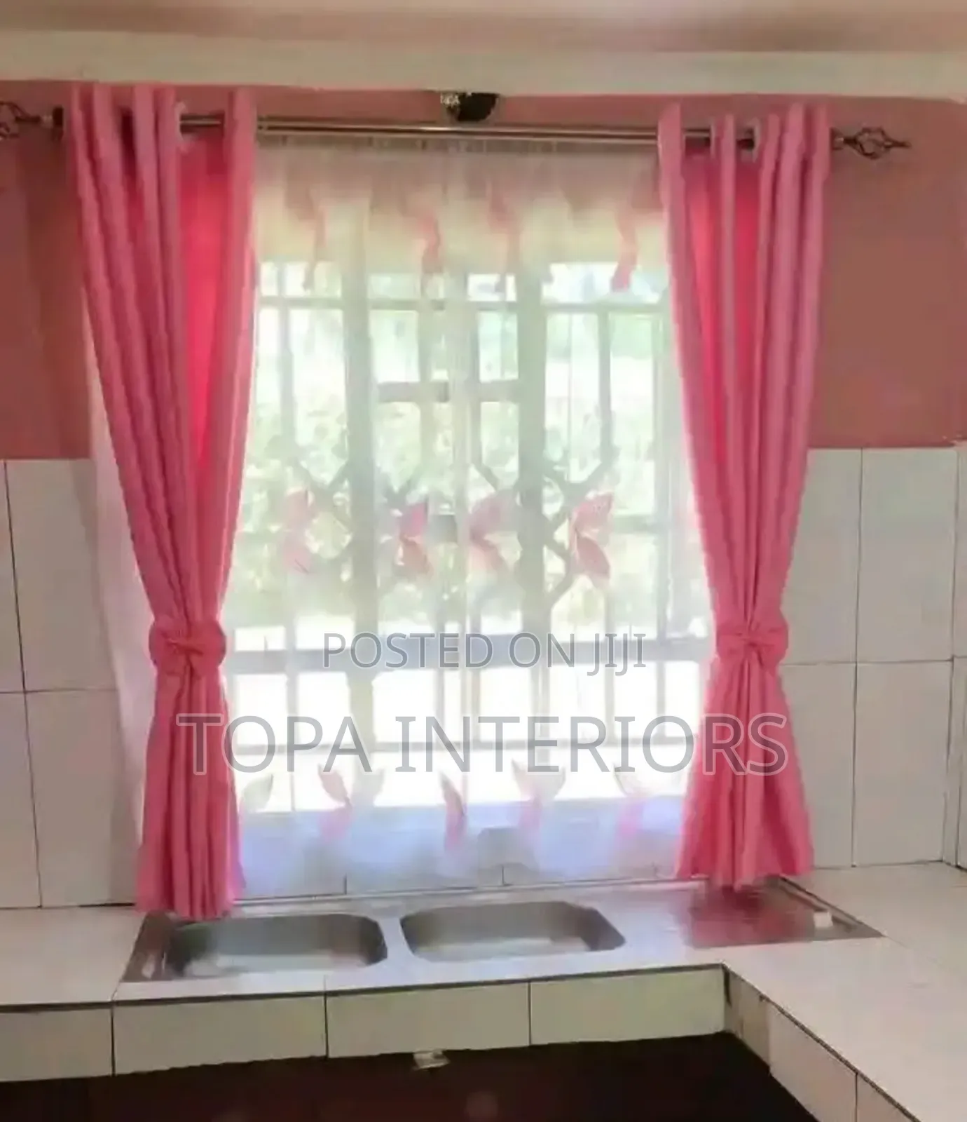 Complete Set Short Pink Kitchen Curtains