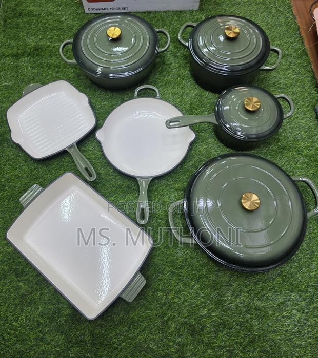 Olive Green With Gold Knobs 11 PCS Set Enamel Cast Iron Pots*