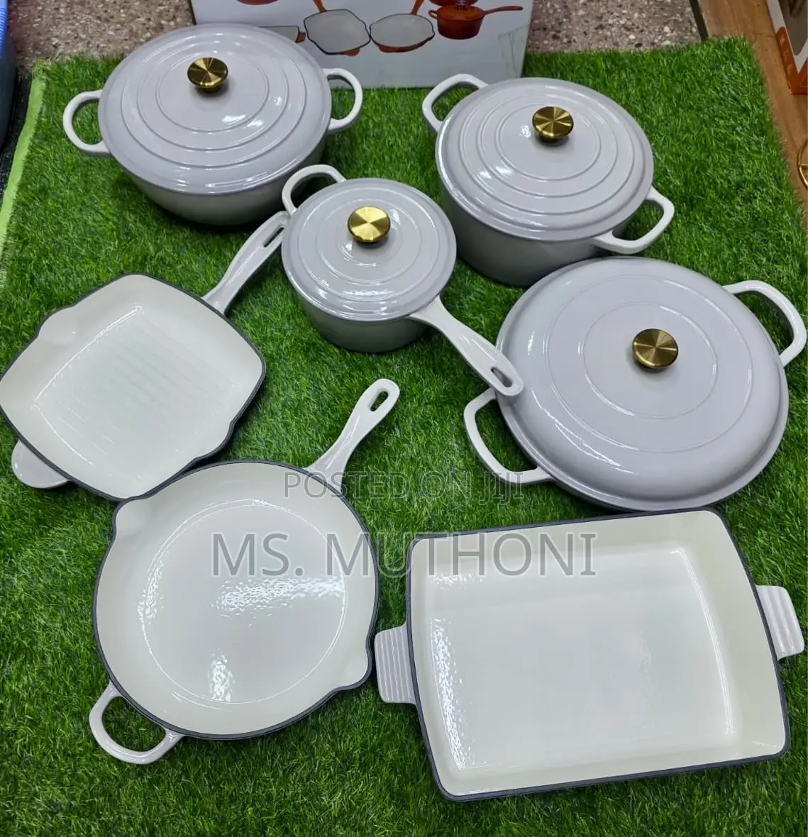 White / Gray With Gold Knobs 11 PCS Set Enamel Cast Iron Pots*