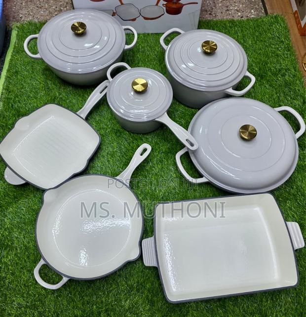 White / Gray With Gold Knobs 11 PCS Set Enamel Cast Iron Pots* - thumbnail 3
