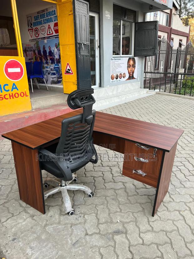 L Shaped Office Desk Dark Walnut 4by4ft With Headrest Chair - main view