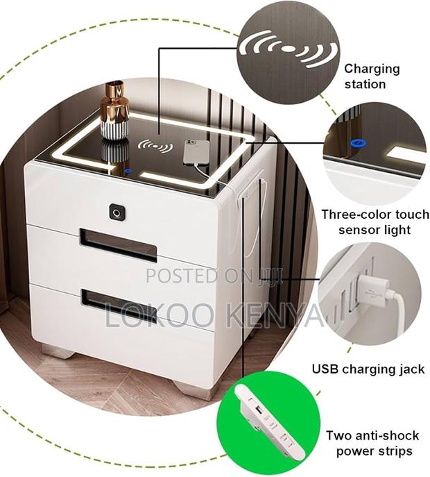 Bedside Cabinet; Wooden Modern Wireless Lighted Bedside Drawer - thumbnail 5
