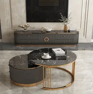 Home Tv Table Set; Glossy Marble Tv Unit and Table Set for Living Room