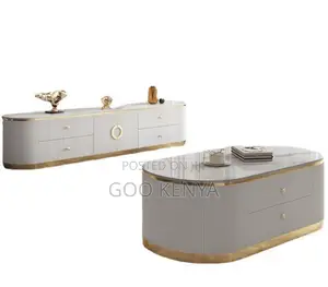 Home Tv Table Set; Glossy Marble Tv Unit and Table Set for Living Room