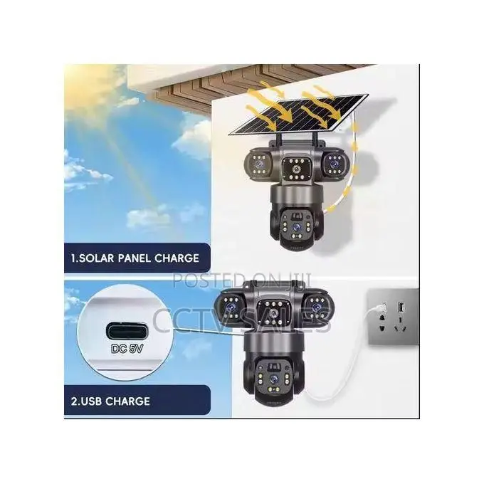 PTZ V380 Triple Lens Outdoor CCTV Smart Solar Camera With 4g Sim Card
