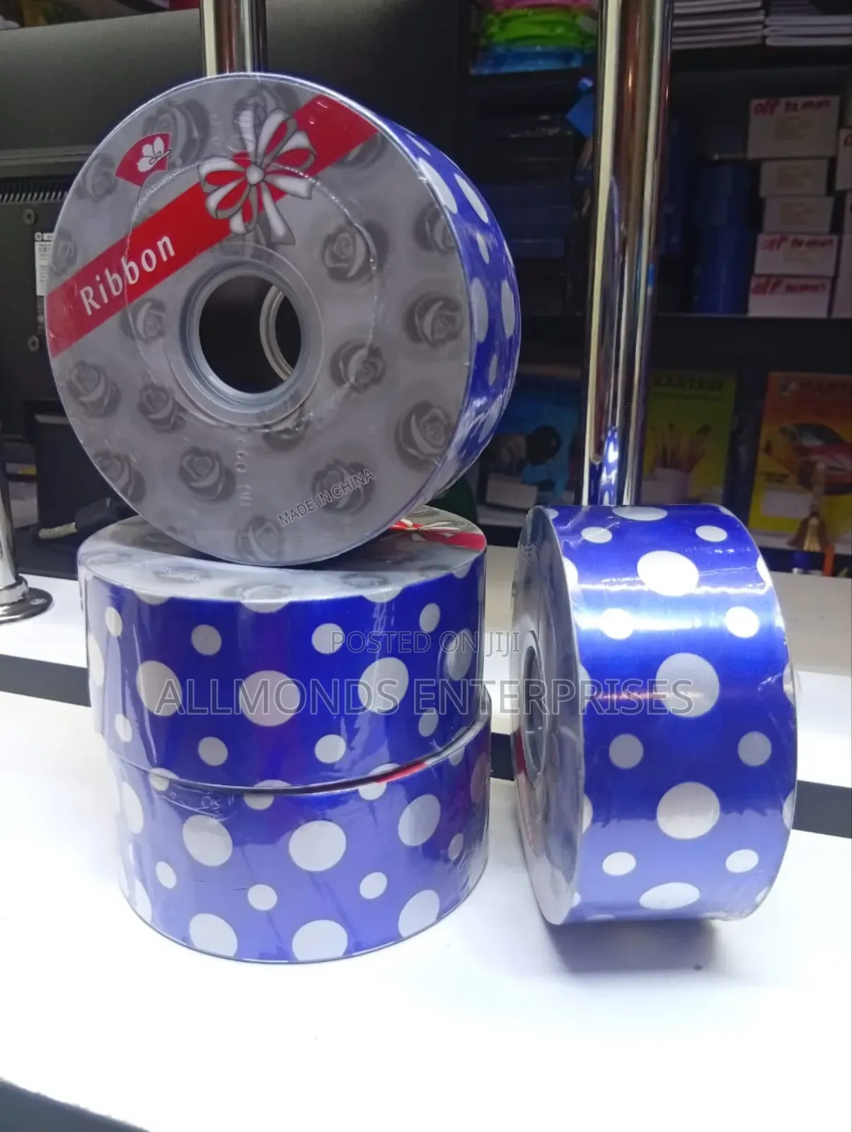 Royal Blue-Dotted White Ribbons for Decoration