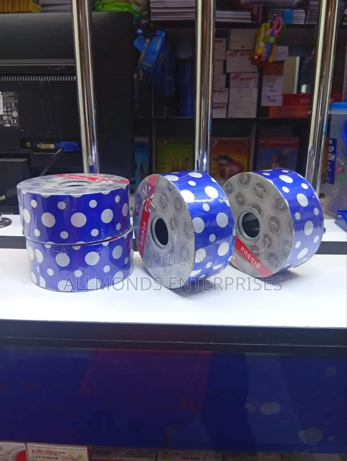 Royal Blue-Dotted White Ribbons for Decoration