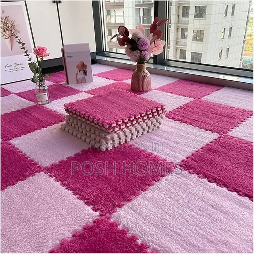 Pink Interlocking Plush Mat Carpets