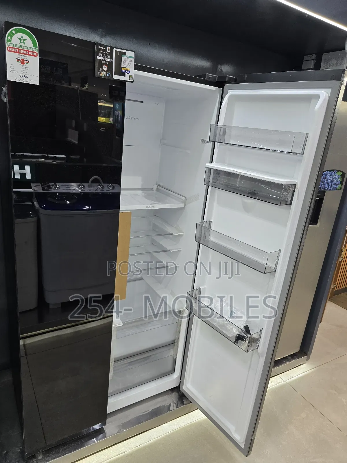 Hisense Ref558dr B-G 541l Side by Side Fridge: Sleek Black Glass