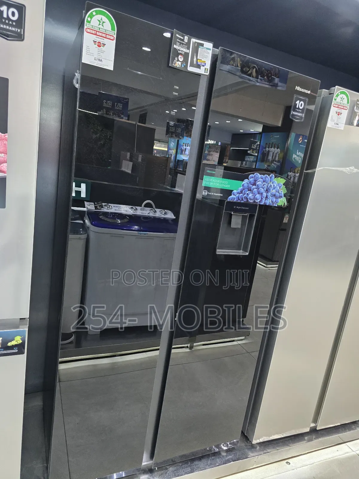 Hisense Ref558dr B-G 541l Side by Side Fridge: Sleek Black Glass
