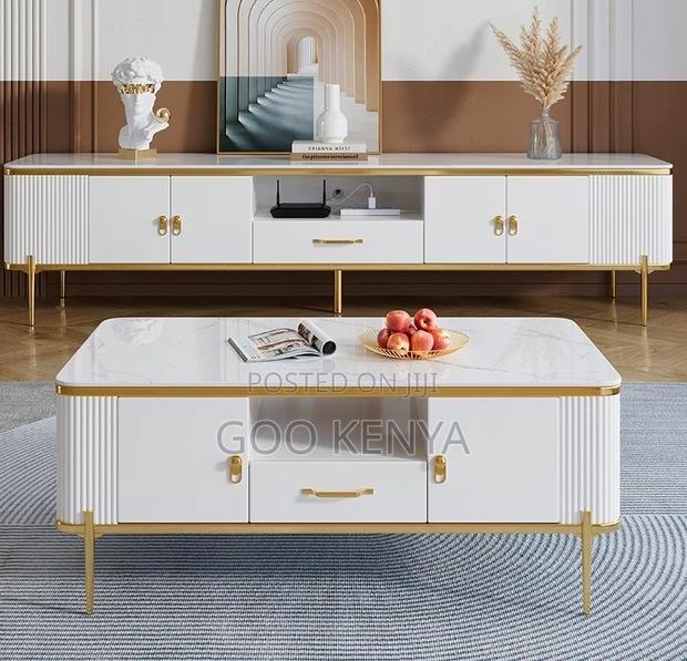 Home Tv Set Table; Float Tv Console With Matching Marble Table Design - thumbnail 2