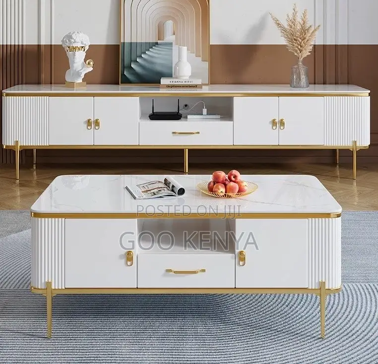 Home Tv Set Table; Float Tv Console With Matching Marble Table Design