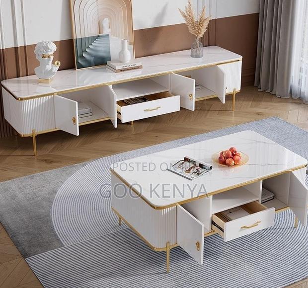 Home Tv Set Table; Float Tv Console With Matching Marble Table Design - thumbnail 6