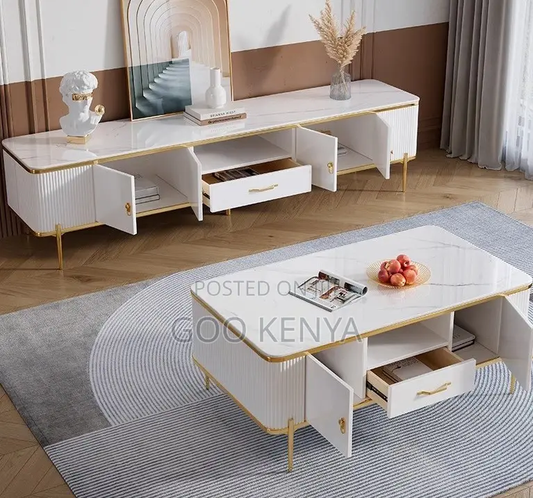 Home Tv Set Table; Float Tv Console With Matching Marble Table Design