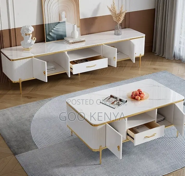 Home Tv Set Table; Float Tv Console With Matching Marble Table Design