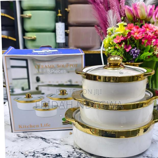 *3pc Set Gold Ceramic Serving Dishes With Glass Cover - main view