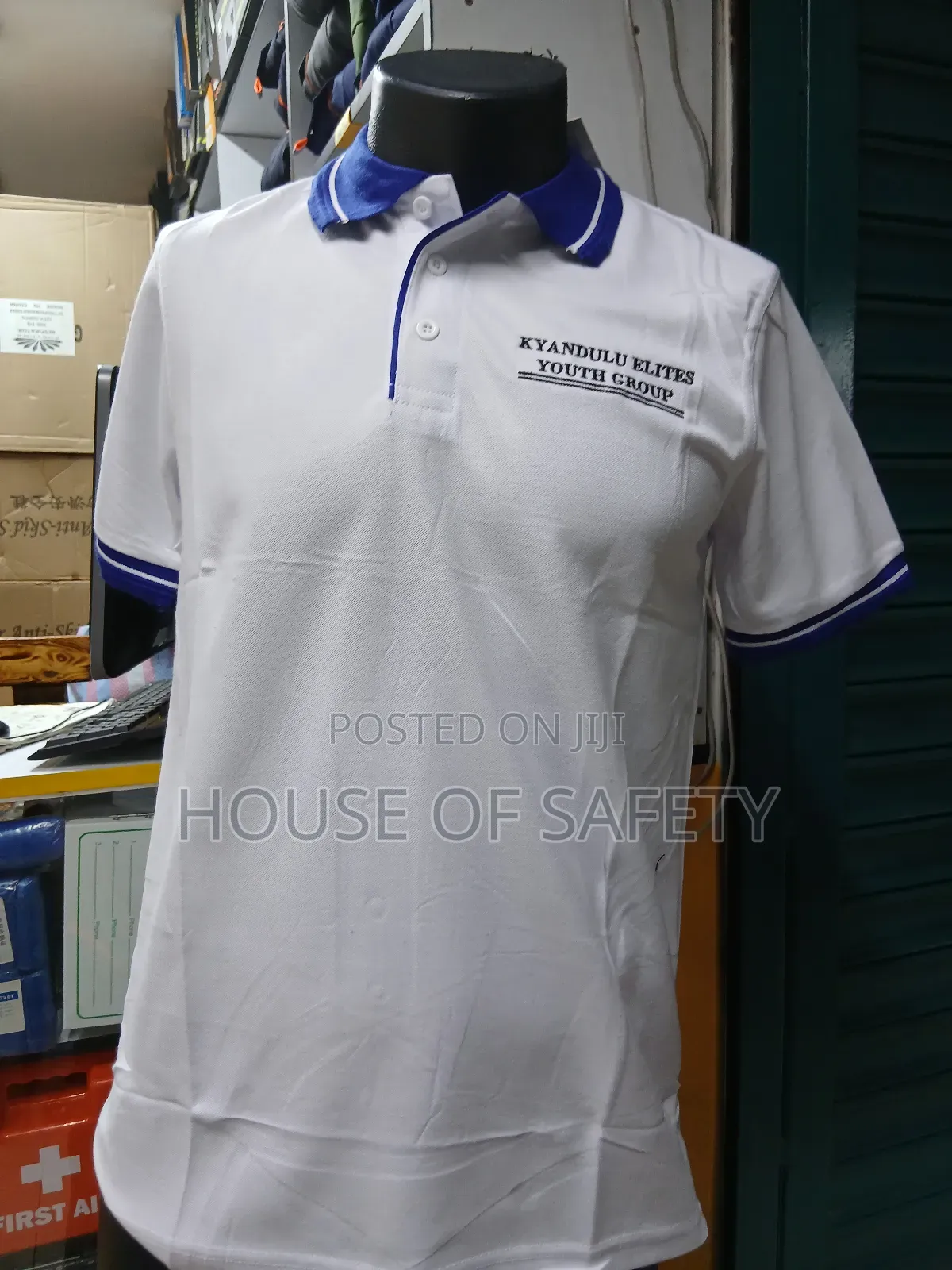 White Body Polo T-Shirt ,Collar Royal Blue