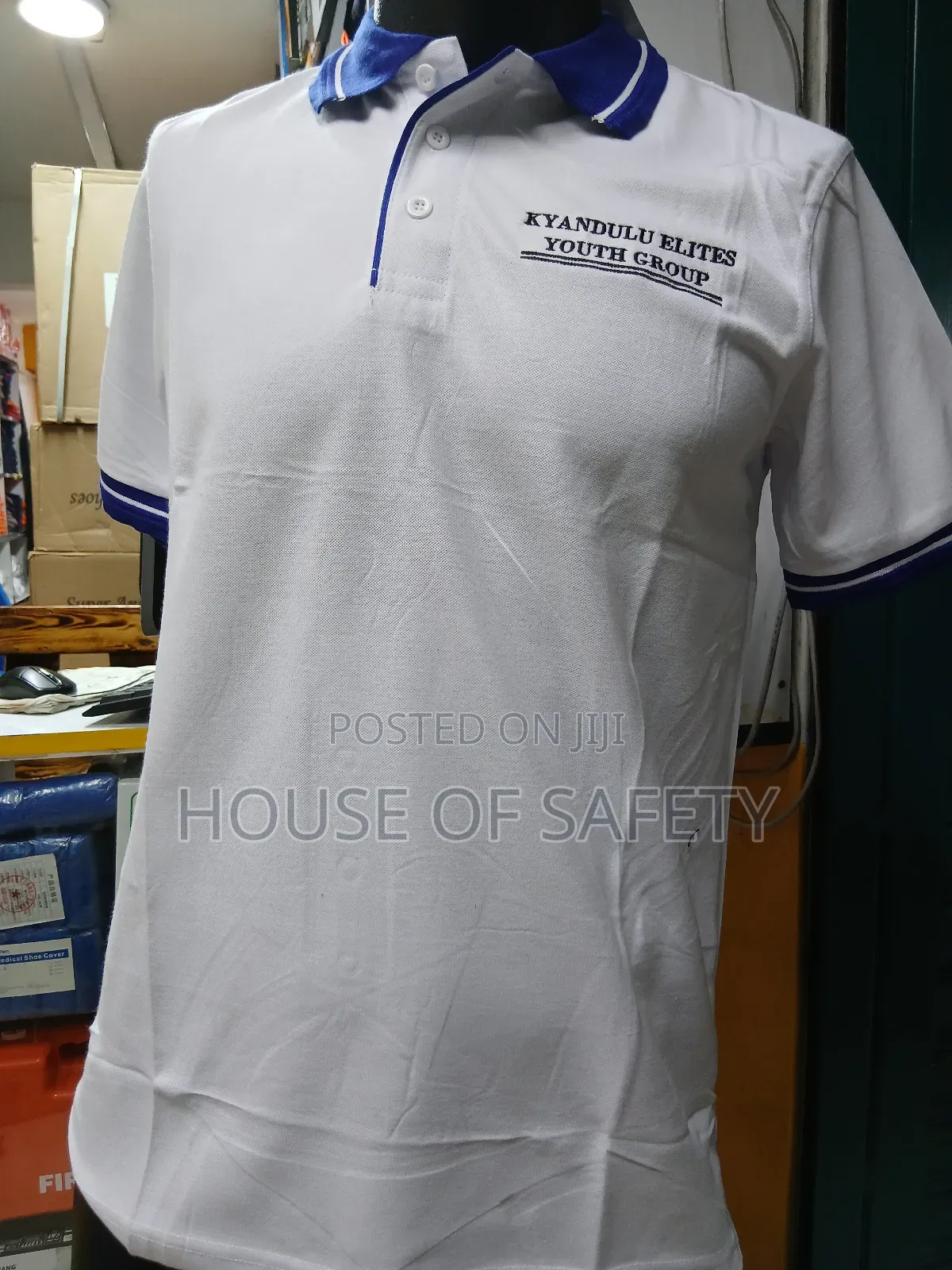 White Body Polo T-Shirt ,Collar Royal Blue