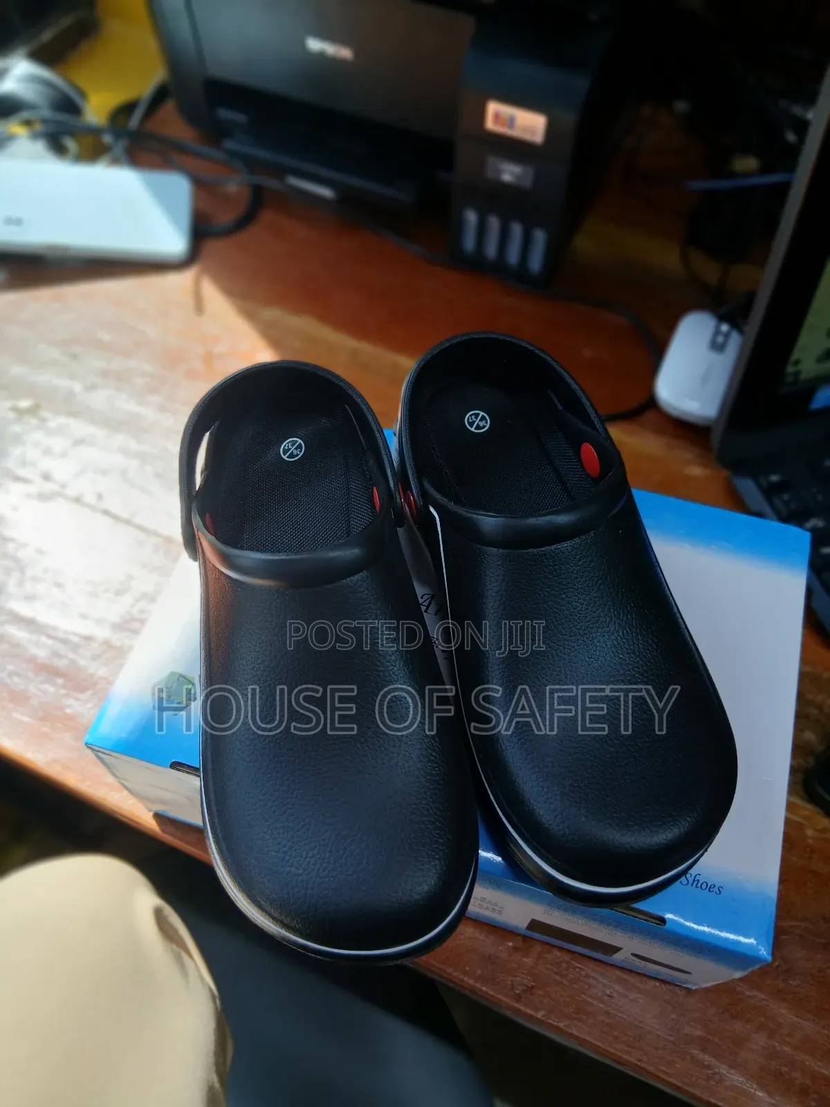 Black Safety Crocs With White Strip