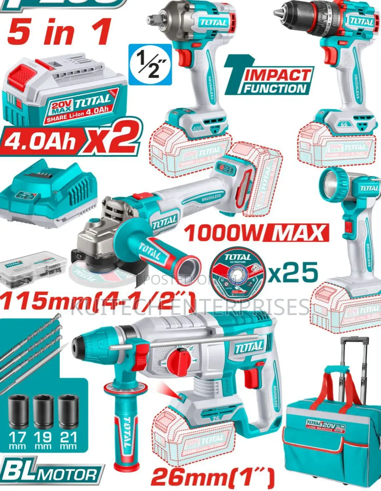 Total Cordless Combo Kit/ Industrial Total 5pcs Rotary Hammer