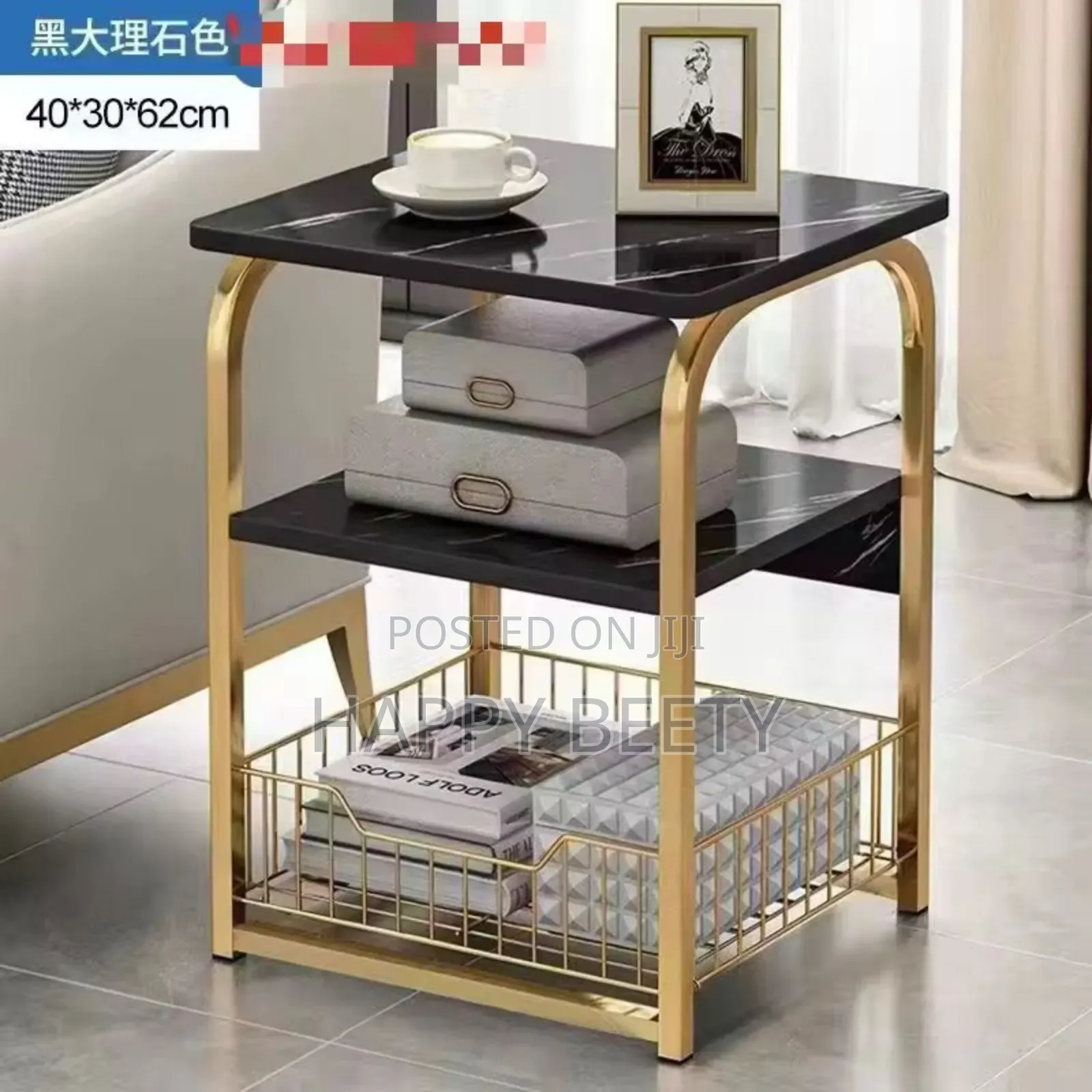 Luxury 3tier Nordic Marble Effect Side Table With Golden Frame