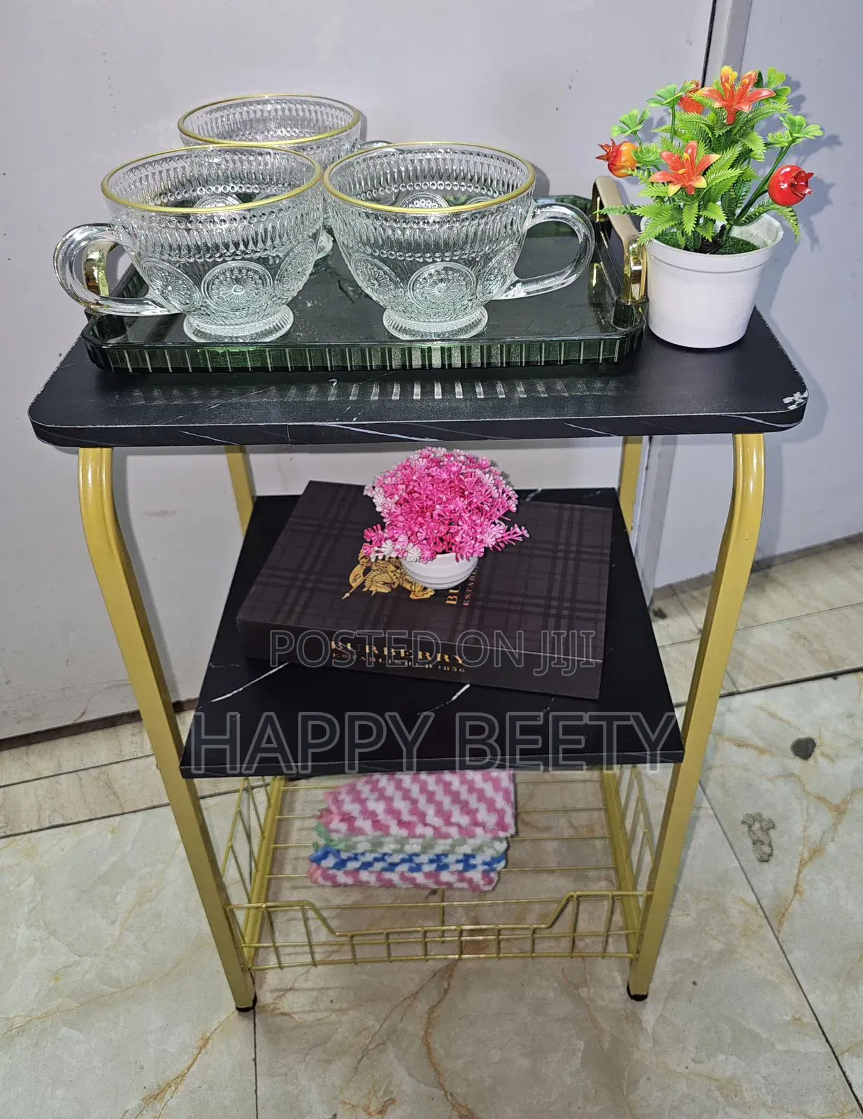 Luxury 3tier Nordic Marble Effect Side Table With Golden Frame