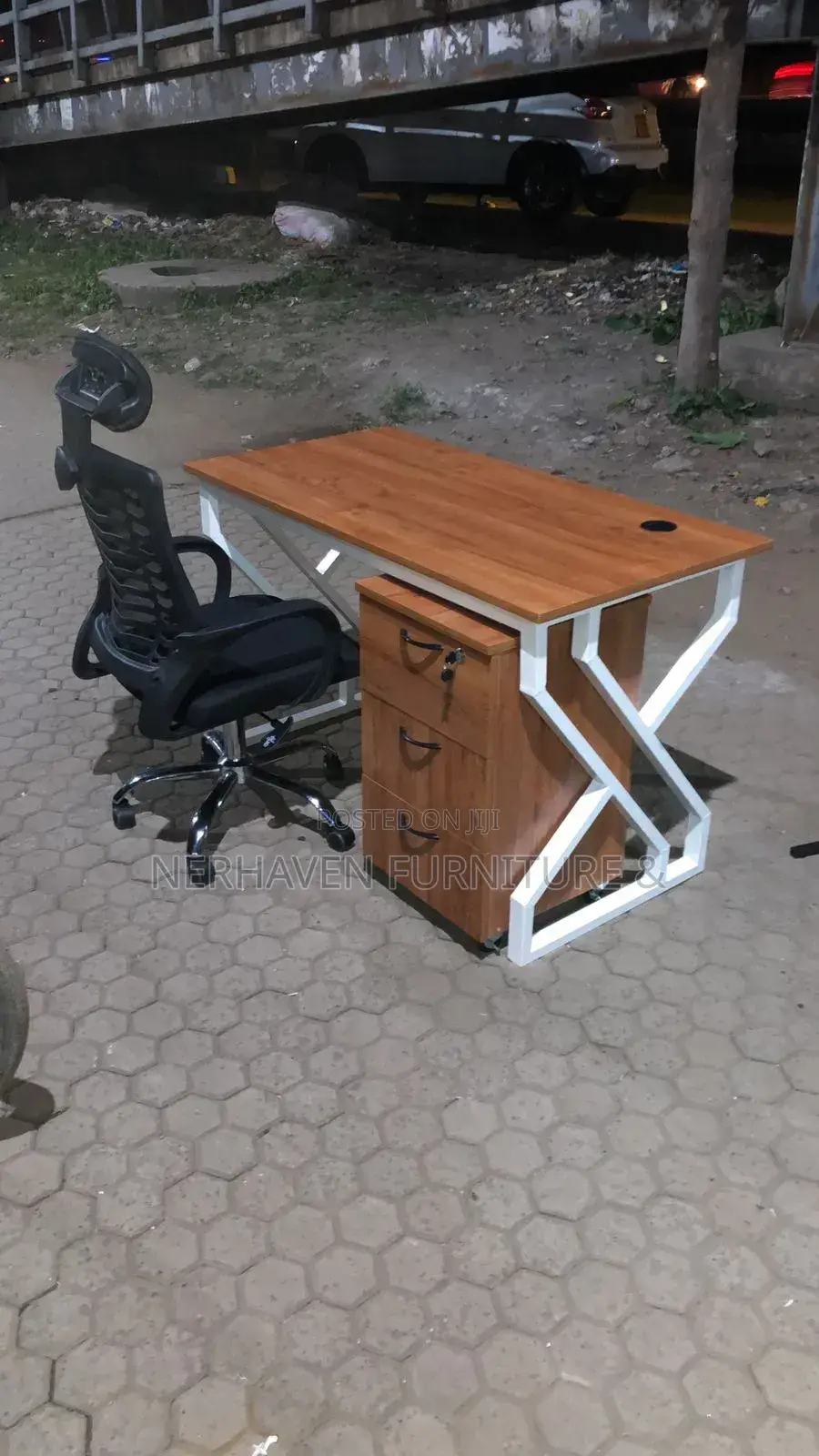 Metallic Desk, Pedestal Drawer and Headrest Office Chair