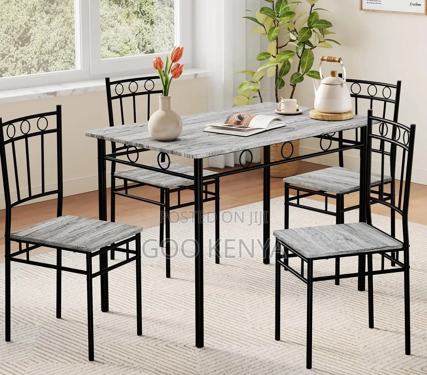 Home Dining Set; Modern Metal Frame Dining Set With Solid Wood Table