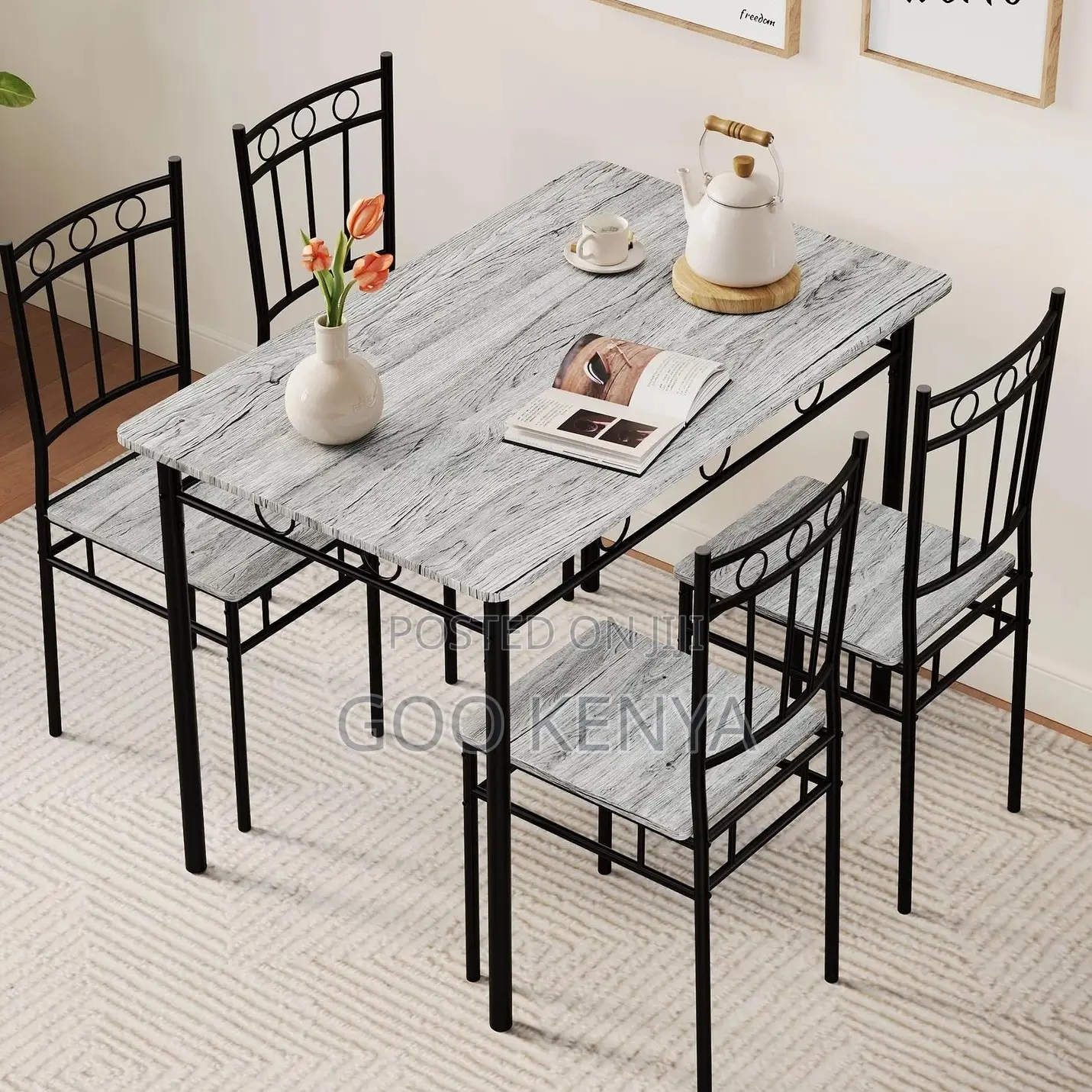 Home Dining Set; Modern Metal Frame Dining Set With Solid Wood Table