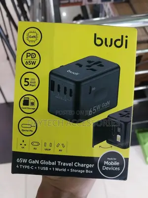 Budi Universal Travel Plug Adapter 65w With Microsd Card Holder.