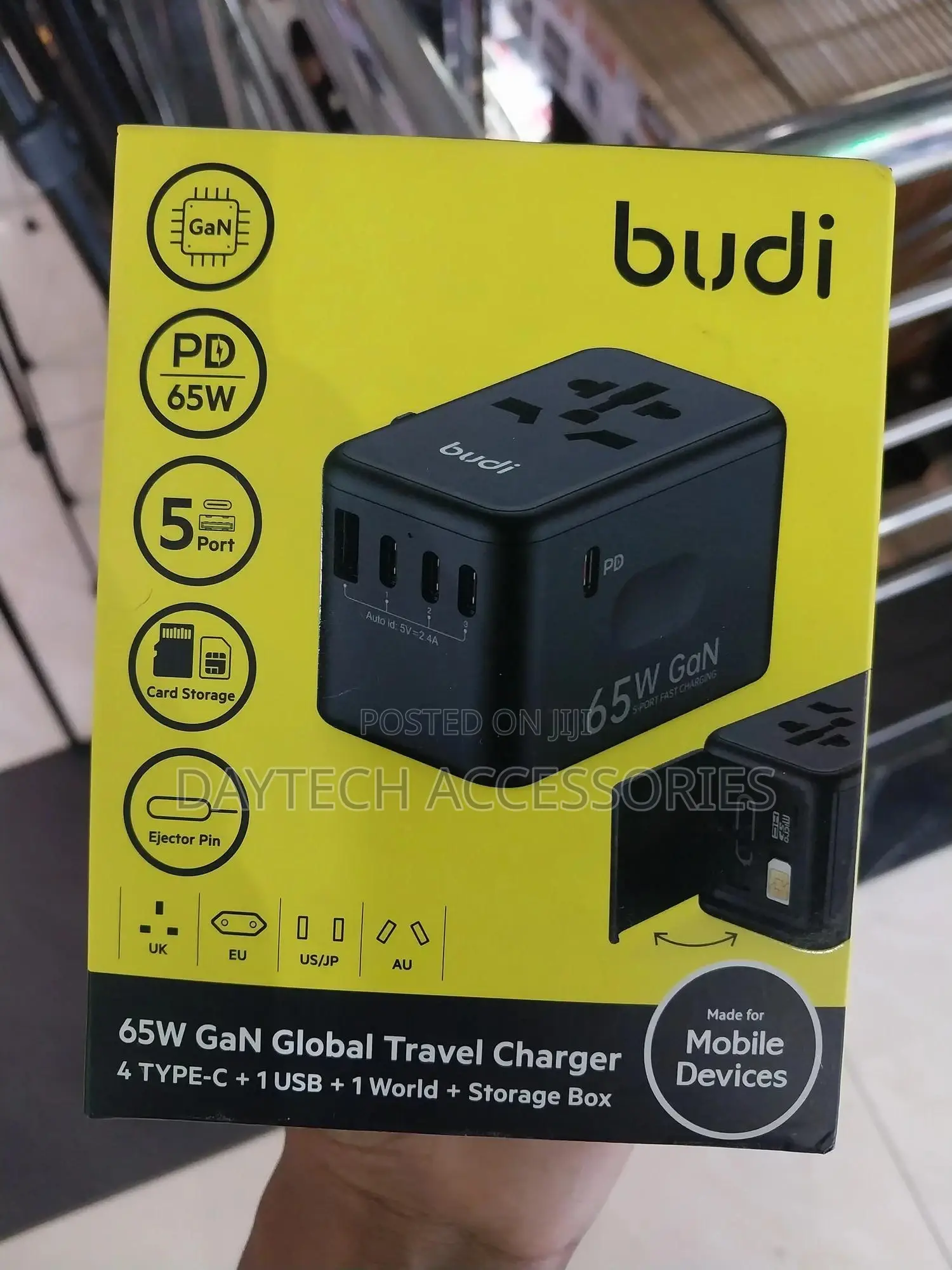 Budi Universal Travel Plug Adapter 65w With Microsd Card Holder.